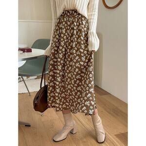 DAZY Floral Print High Waisted Midi A-Line Skirt Brown/White Women's Large